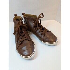 Cat & Jack Boy’s Sneakers Size 5 Brown Lace Up High Tops Zipper Casual Leather